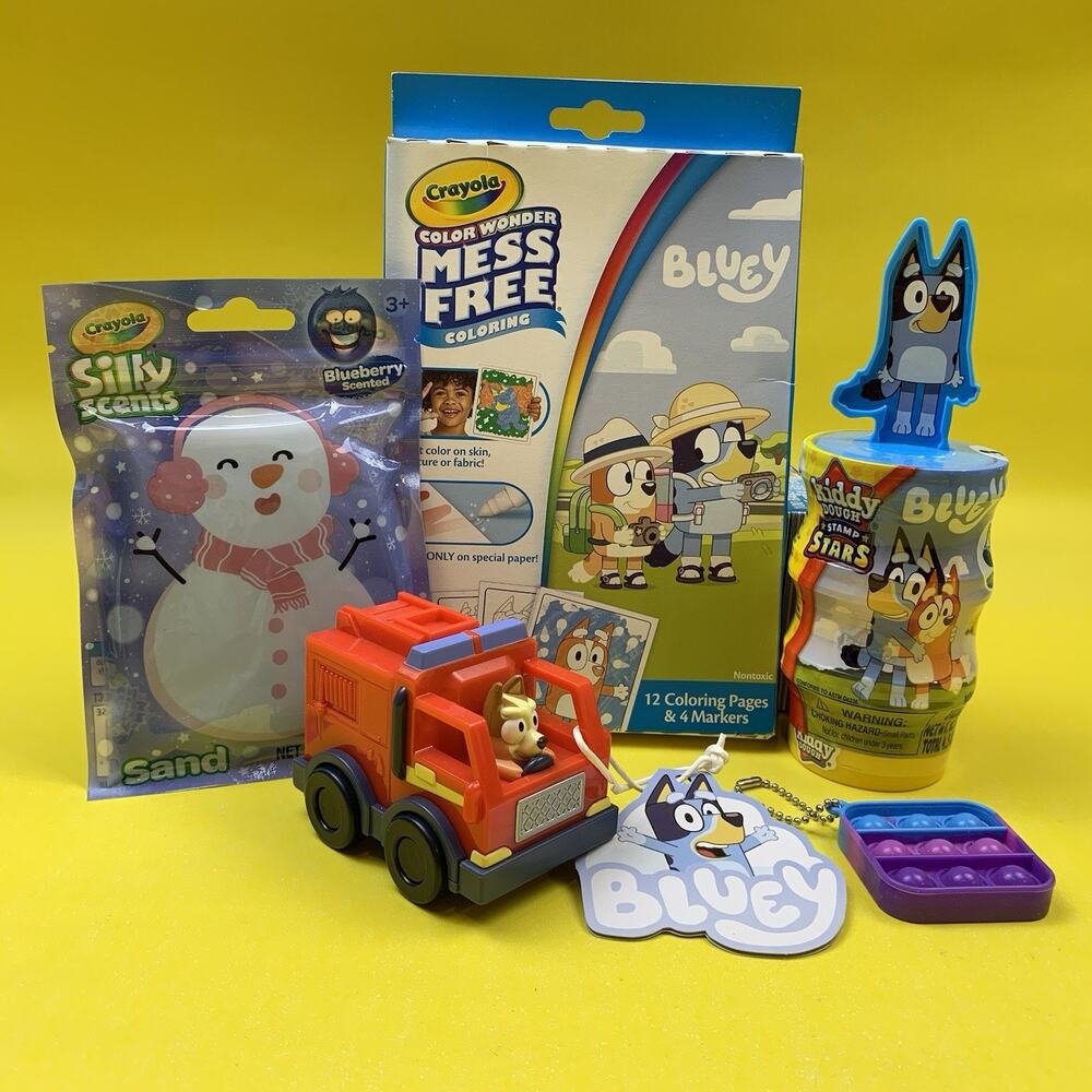 BLUEY TOYS FIRE TRUCK VEHICLE FUN DOUGH KINETIC SAND STOCKING STUFFERS GIFT LOT